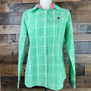 Tommy Hilfiger Green Plaid or Gingham Button Down Long Sleeve Shirt Size 10